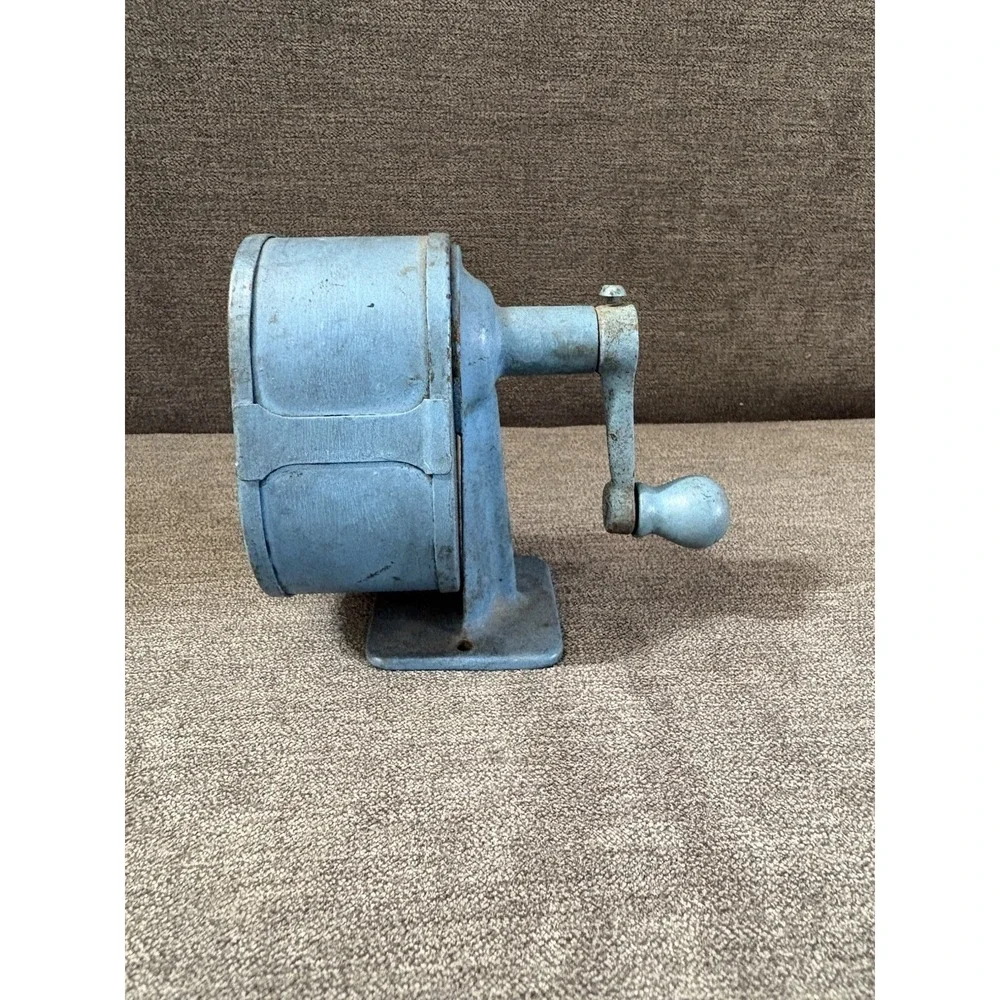 VINTAGE Unnamed Pencil Sharpener Wooden‎ Handle Blue Heavy Metal Base